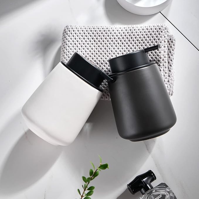 12Oz White Soap Dispenser - Modern Ceramic Lotion Hand Soap Dispenser with Easy-to-Press Black Pump, Reusable and Refillable Liquid Dish Soap Dispensers for Bathroom & Kitchen