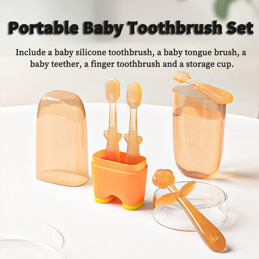 FOKiiBO Baby Silicone Toothbrush Set, Tongue Brush + Finger Toothbrush with Cup for Training Teething, 0-18M Infant Toddler Newborn Baby Teeth Brushes