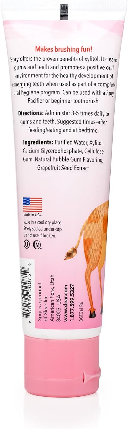 Spry Natural Xylitol Toothpaste for Baby, Toddler and Kids Age 3 Months and Up - Fluoride Free Tooth Gel, Tasty, Support Development of Emerging Teeth, Bubble Gum 2 Fl Oz (Pack of 1)