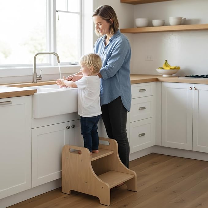 Toddler Step Stool for Kids, Toddler Kitchen Stool Helper with Handles & Non-Slip Pads, Wooden 2-Step Stool for Toddlers for Bathroom Sink, Potty Training, Kitchen & Bedroom 300lbs Capacity(Natural)