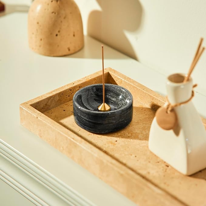 Marble Vanity Tray Italy Natural Travertine Stone Decorative Tray for Perfume, Cosmetic and Kitchen Organization, Coffee Table Display Beige