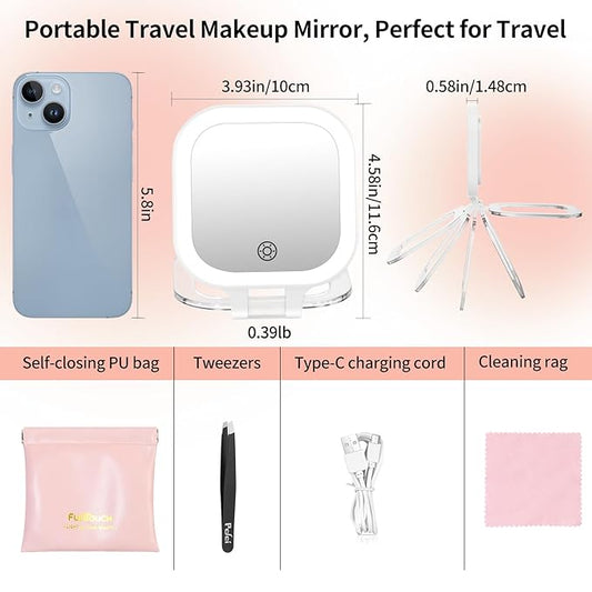 FUNTOUCH Travel Magnifying Mirror with Light, 20X/1X/ Magnifying Makeup Mirror Set, 3 Light Settings & Adjustable Brightness,Rechargeable Folding Compact Double Sides Mirror for Home & Travel, White