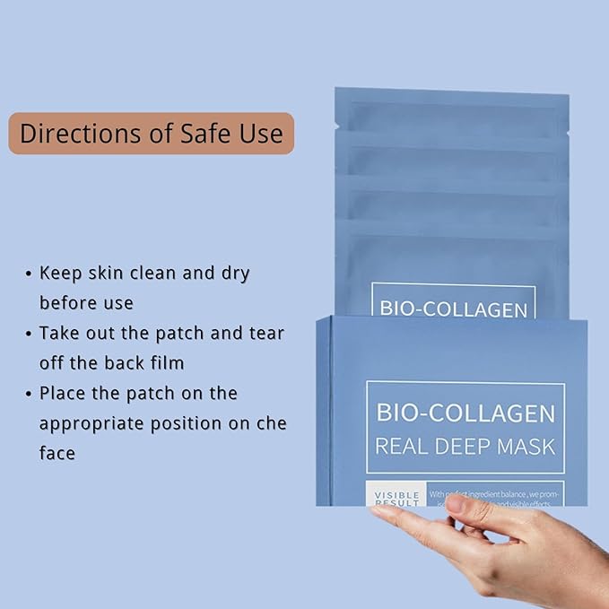 Bio-Collagen Real Deep Mask, Overnight Hydrating Mask, Pore Minimizing, Firming, Yeast Extract, Low Molecular Hyaluronic Acid Solution, Low Molecular Collagen, 28g, 4ea (With nasolabial fold patches)