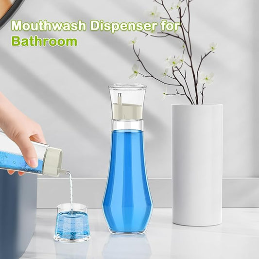 Glass Mouthwash Dispenser for Bathroom, 8.8oz Refillable Mouth Wash Container Bottle with Lid Cup, Small Clear Mouthwash Dispensers Decanter for Countertop, Set of 2