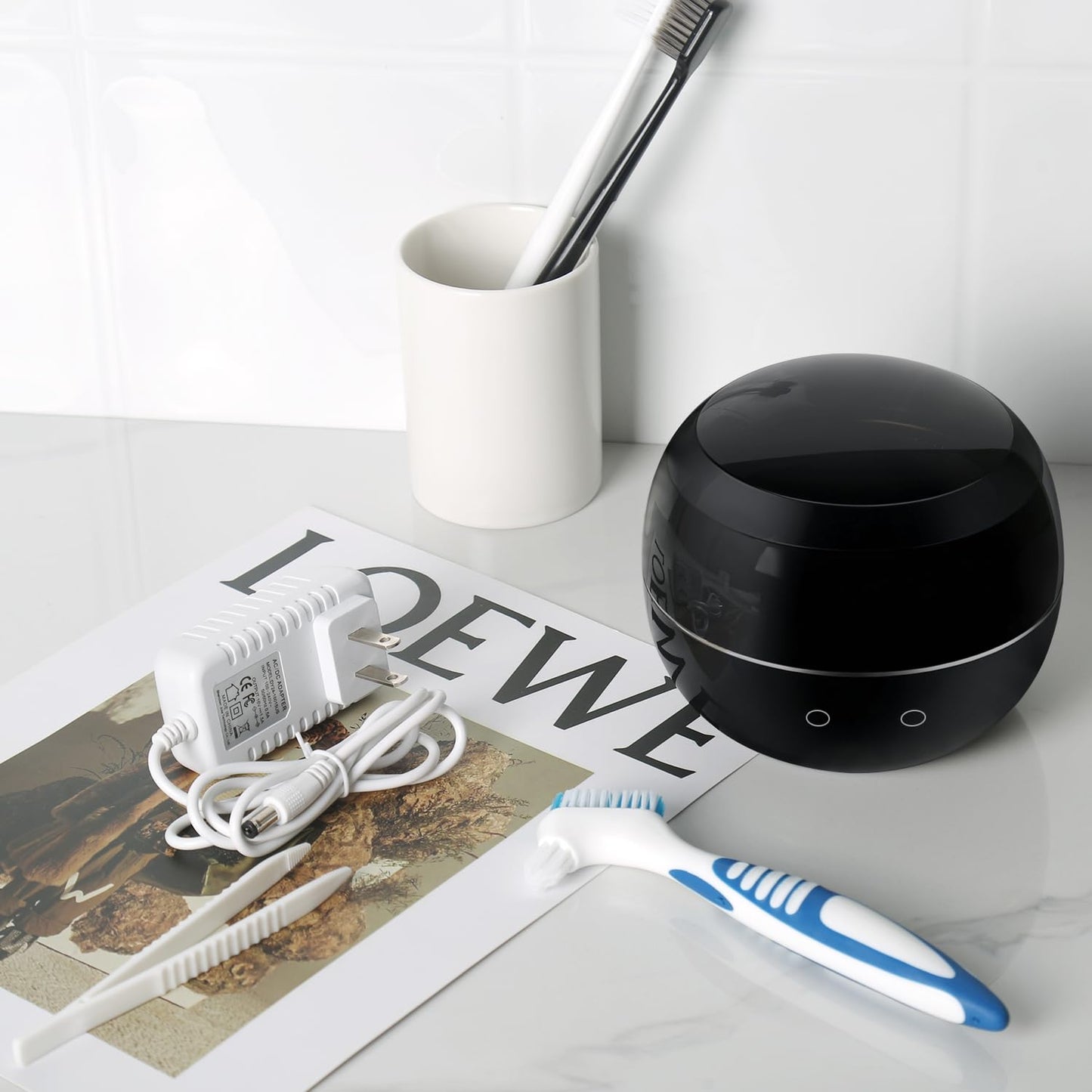 Dental Ultrasonic Retainer Cleaner Machine: 45kHz Dental Cleaning Pod for Denture, Aligner, Mouth Guard, Night Guard, Braces & Jewelry, UV Denture Cleaner with Digital Timer & Dual Mode 250ML Black