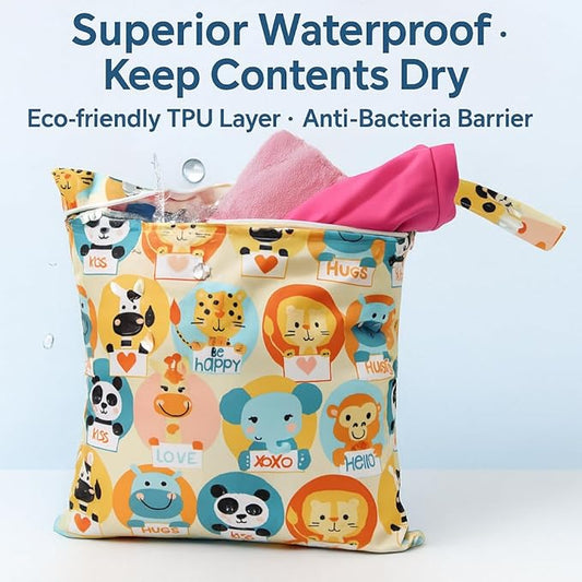 Waterproof Wet Dry Bag, Reusable Diaper Pouch with Zipper, Machine Washable Travel Organizer for Beach, Daycare, Kids, Dinosaur Pattern (Orange Lion)