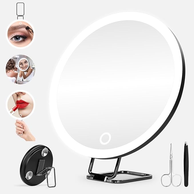 20X Magnifying Mirror with Light, Large 6'' Rechargeable 3 Colors Dimming Lighted Magnified Mirror with 3 Suction Cups and 360° Table Stand, Vanity Makeup Mirror with Tweezers & Scissors