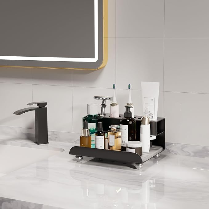 Quick Dry Electric Toothbrush Holder 4 Slots Metal Bathroom Counter Organizer for Toothpaste Razor Mouthwash, Black