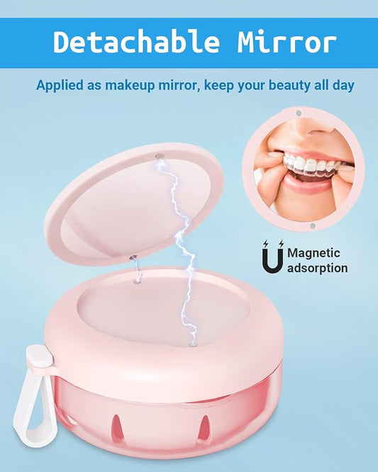 Denture Bath Case, Denture Cup, Leak Proof Portable Retainer Case, Denture Cleaning Kit with Cleaner Brush, Denture Box with Strainer & Mirror, Denture Case for Aligner Retainer Mouth Guard (Pink)
