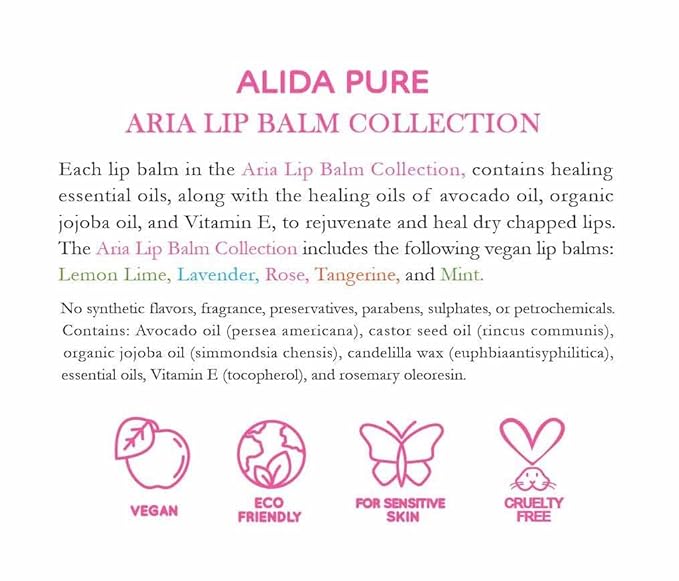 Aria Lip Balm Collection, Vegan Set, Beeswax Free, with Organic Jojoba and Avocado Oil, Vitamin E, Natural Moisturizer for Dry, Chapped Lips, 5 Tube Set