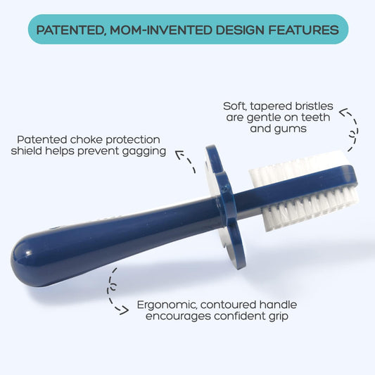 grabease Toddler Toothbrush - Double-Sided Soft Silicone Bristles & Anti-Choke Shield - Baby Toothbrush & Finger Brush for 12+ Months - Navy, 1 Count