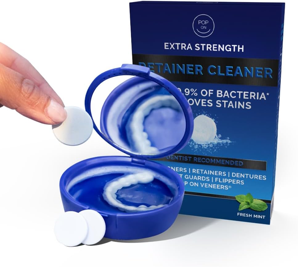 Retainer Cleaning Bundle by Pop On - 30 Retainer Cleaner Tablets, 1 Aligner Cleaner Fresh Foam, 1 Soft Bristle Toothbrush, 1 Mirror Case for Mouth Guards, Night Guards, Invisalign, Veneers, Dentures