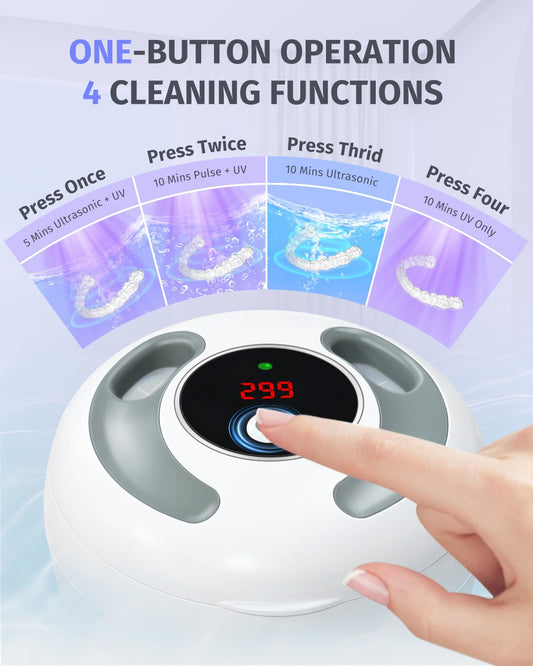 Dental Ultrasonic Retainer Cleaner Machine 45kHz, UV Denture Cleaner with 4 Modes Digital Timer, Portable 200ML UltraSonic Cleaning Pod for Night Mouth Guard, Aligner, Braces, Jewelry and More-White
