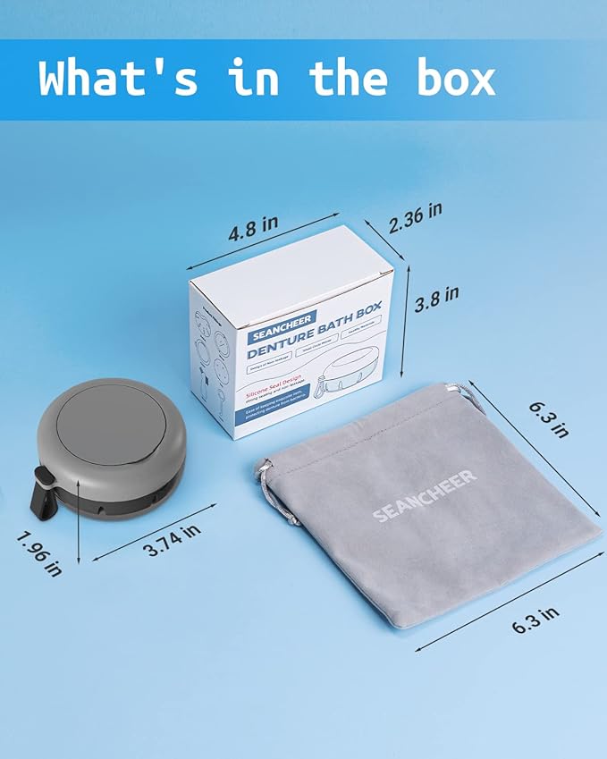 Denture Bath Case, Denture Cup, Leak Proof Portable Retainer Case, Denture Cleaning Kit with Cleaner Brush, Denture Box with Strainer & Mirror, Denture Case for Aligner Retainer Mouth Guard (Gray)
