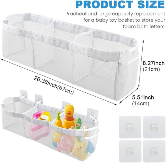 JIANWEI Bath Toy Organizer, 3 Compartment Bathtub Toy Storage Bag, Quick Access Bath Toy Holder with 4 Hooks, Mesh Shower Caddy Practical Supplies for Toy Organizer and Sorting(White)