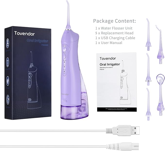 TOVENDOR Electric Water Flosser, Cordless Rechargeable Dental Oral Irrigator IPX7 Waterproof 300ML Travel Water Teeth Cleaner with 5 Tips for Braces Care Teeth Gums Cleaning, Home Office Daily Use