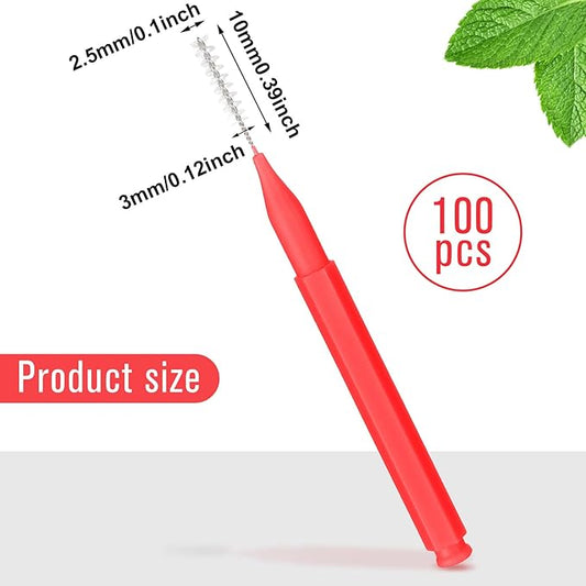 Patelai 100 Pieces Braces Brush for Cleaner Interdental Brush Toothpick Dental Tooth Flossing Head Oral Dental Hygiene Flosser Toothpick Cleaners Tooth Cleaning Tool(Red,Suitable Size)