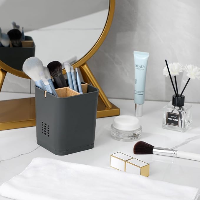 Electric Toothbrush Holder 3 Slots Tooth Brushing Holder with Bamboo Dividers for Bathrooms, Plastic Toothbrush and Toothpaste Organizer for Shower, Countertop, Vanity, Cool Grey