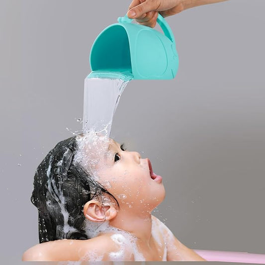 PandaEar Baby Bath Rinse Cup, Silicone Baby Shampoo Rinser with 2 Toddler Bath Sponge & 2 Bath Brush for Infants, Toddler Body Washing, Blue