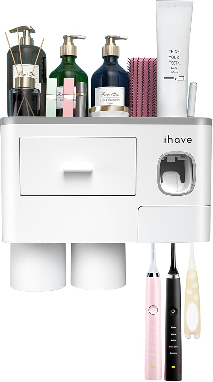 iHave Toothbrush Holders for Bathrooms, 2 Cups Toothbrush Holder Wall Mounted with Toothpaste Dispenser - Large Capacity Tray, Cosmetic Drawer - Bathroom Decor & Bathroom Accessories