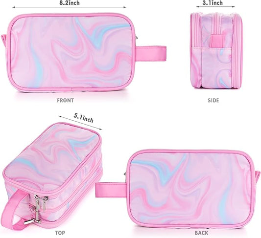 Pink Toiletry Bag for Girls, Travel Toiletry Bag for Teen Girls Cosmetic Bag Makeup Bag Waterproof Hanging Wash Bag Kids Toiletries