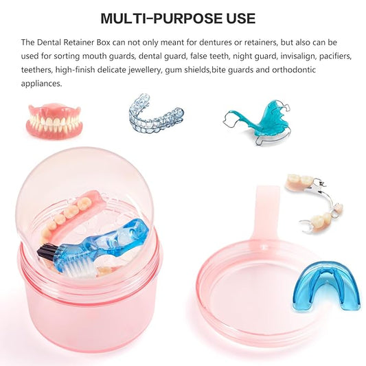Leak Proof Travel Denture Bath Case for Full Dentures, Denture Cups for Soaking Dentures, Denture Container Cups with Brush for Dentures, Aligner, Retainers, Mouth Guard (Transparent Rouge)