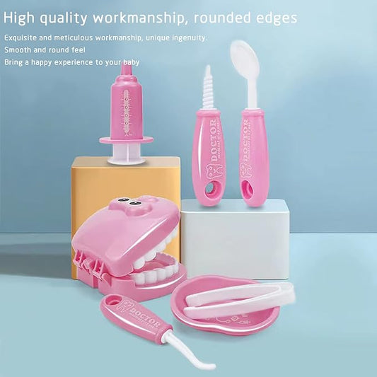 Dental Early Education Brushing Toys, 9Pcs/Set Children Role Play Toys Crocodile Early Education Cartoon Tooth Brushing Model Preschool Education Toy Dentist Game for Kids Classroom Pink