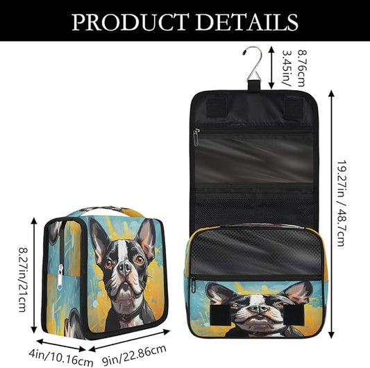 Hanging Toiletry Bag for Women Men Travel Boston Terrier Dog Art Painting Makeup Organizer with Compartments, Waterproof Portable Cosmetic Bag with Hook and Handle
