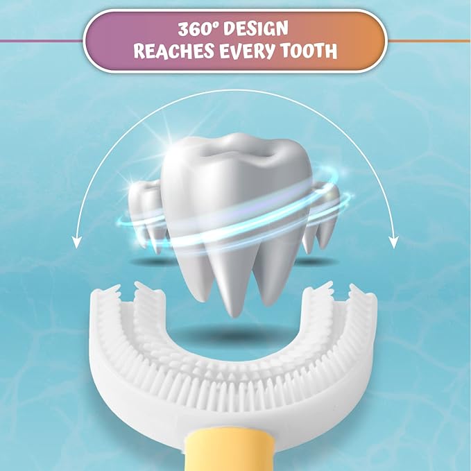 Kids' U Shaped Toothbrush Age 2-6 - Two Premium Soft Toothbrushes Come with 2 Travel Cases - Sensory Toothbrush - Round Silicone Toothbrush Head Makes Brushing Fun & Easy - 1 Purple, 1 Yellow