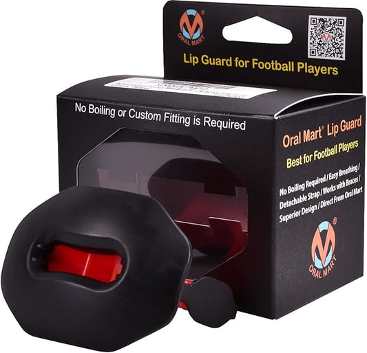 Oral Mart Flag Football Mouth Guard with 3D LipFit Design for Kids - Youth Tackle Football Mouthguard (No Boil) Cool Instant Fit Lip Guard Mouthpiece for Braces (Detachable Helmet Strap Included)