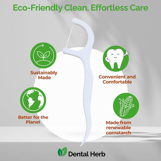 Dental Herb Company Biodegradable Dental Floss Picks, 200 Count (4×50) - Unflavoured, Plant-Based, Plastic-Free & BPA-Free Tooth Flossers, Vegan & Eco-Friendly Oral Care