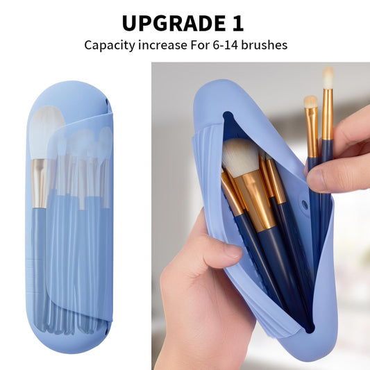 Silicone Makeup Brush Holder Travel Cosmetic Bag:Soft Portable Cosmetic Face Brushes Holder with Upgrade Anti-Fall Out Magnetic Closure, Large Travel Makeup Brush Case - Blue