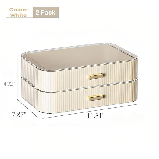 2 Pack Stackable Makeup Organizer with Drawers, Bathroom Storage for Eyeshadow Palettes, Cosmetics, and Beauty Supplies. Ideal for Vanity Counter, Cabinet, Entryway Table, Desk