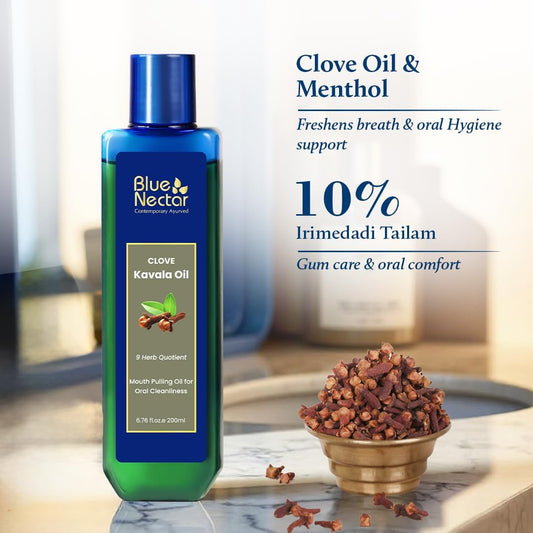 Blue Nectar Clove Oil Pulling for Mouth | Ayurvedic Mouth Wash for Oral Care | Natural Coconut Oil for Oral Care & Fresh Breath | Alcohol Free Mouthwash (9 Herbs, 3.38 Fl Oz)