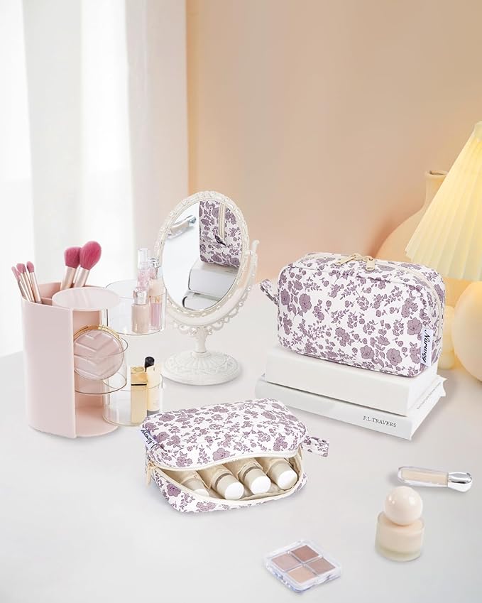 Narwey Small Makeup Bag for Purse Travel Makeup Pouch Mini Cosmetic Bag Zipper Pouch for Women (Little Dusty Pink Flower, Small)