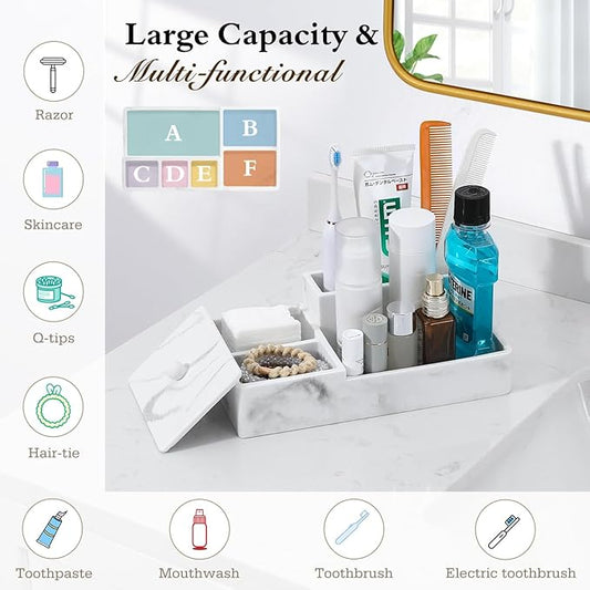 Luxspire Bathroom Counter Organizer, Marble Toothbrush Holder for Bathroom 6 Slot, Bathroom Vanity Organizer with Lid, Bathroom Organizer Countertop for Cotton Ball, Q-Tips, Floss, Gravel White