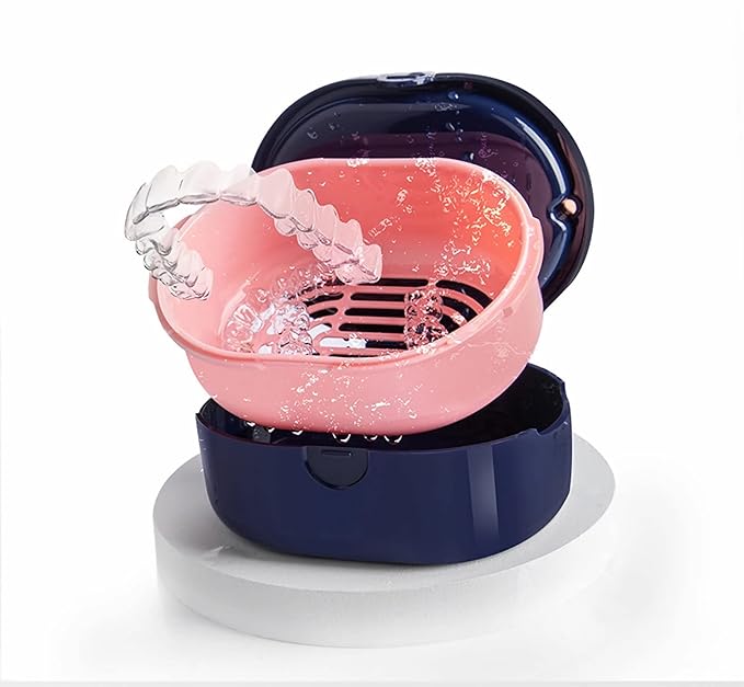 MURRI&MURRDI Retainer Case, Denture Bath Box with Strainer Basket, Mouth Guard Case, Braces Cleaner Cup, Cute Denture Holder Retainer Storage Soak Container for Travel (D Dark Blue)