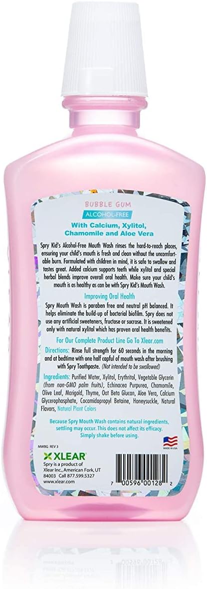 Spry Natural Xylitol Mouthwash Fluoride Free with Enamel Support, Alcohol-Free, Gentle, Non-GMO, Bubble Gum - 16 fl oz (Pack of 2)