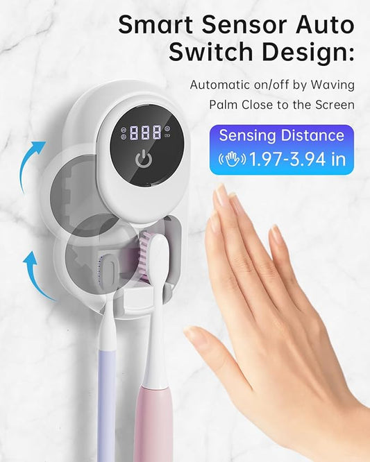 Toothbrush Holder & Toothbrush Cleaner, UV Toothbrush Sanitizer and Holder 2 Slots, Cleaning and Fan & Heat Drying, LED Smart Screen, Wall Mounted Tooth Brush Holder for Bathrooms (White)