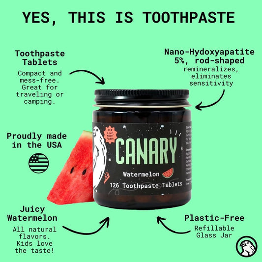 Canary Nano Hydroxyapatite Toothpaste Tablets Watermelon- Remineralizing, Fluoride Free, All Natural Tabs with Xylitol - Great for Kids, Plastic Free - 126 Count