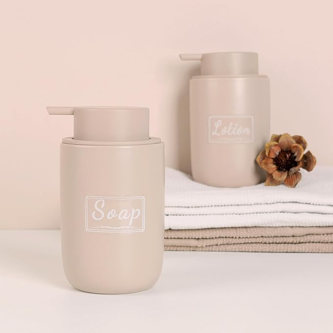 BosilunLife Khaki Soap Dispenser Set - 2 Pack 12oz Ceramic Dish Soap Dispenser with Rust Proof Pump for Kitchen, Hand Soap and Lotion Set Suitable for Farmhouse Bathroom Decor with Waterproof Labels