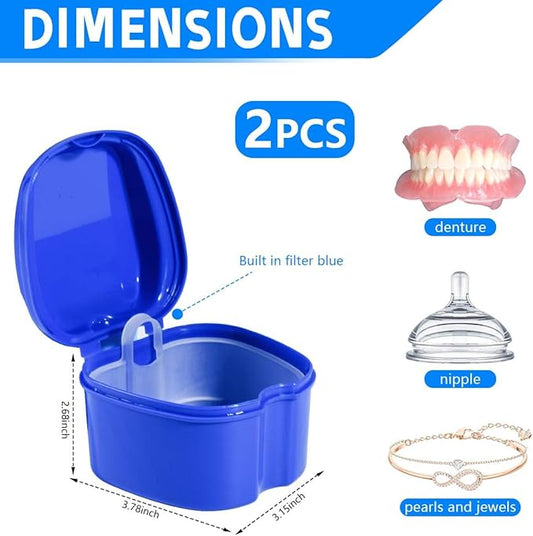 2 Pack Colors Denture Bath Case Cup Box Holder Storage Soak Container with Strainer Basket for Travel Cleaning (Light Blue and Blue)