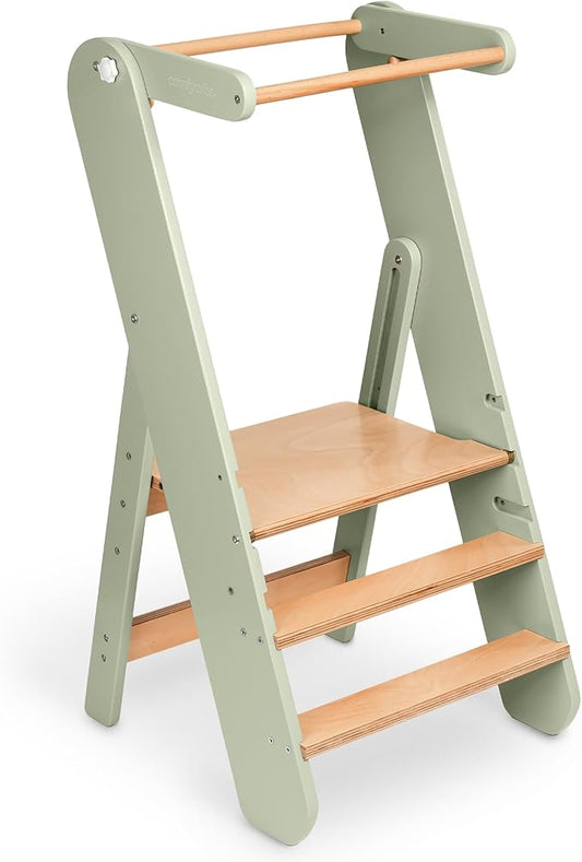 Comfy Cubs Kids Step Stool for Ages 3+, 3 Height Adjustable Toddler Tower, Montessori Furniture Designed in The US - Toddler Standing Tower for Kitchen Sink & Bathroom Access - Sage
