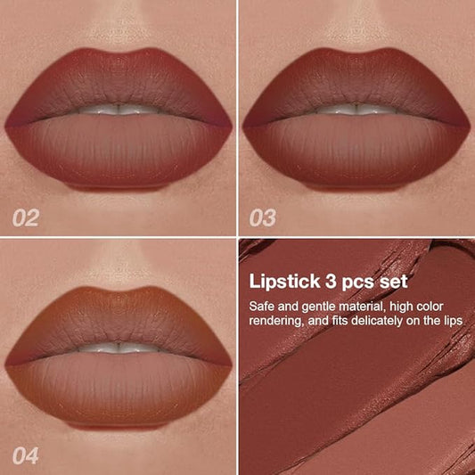 evpct 3Pcs Red Reddish Nude Brown Gradient Matte Lipstick Lip Liner Crayon Combo Pencil Set for Women Long Lasting Waterproof, Cream Lip Liner and Lipstick Combo Makeup,Flawless Gradual Ombre Effect