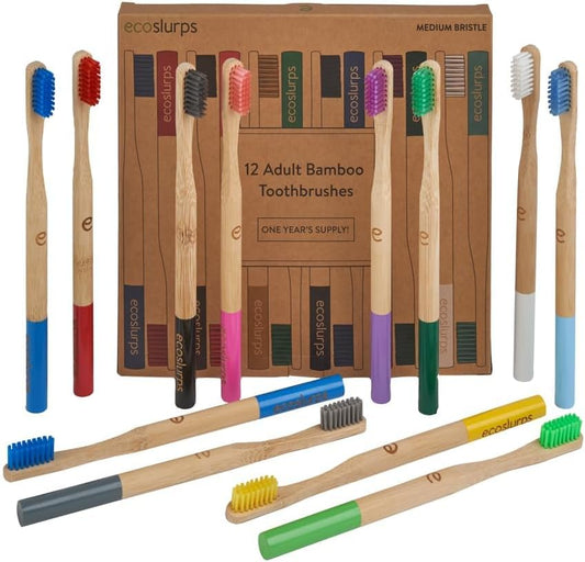 EcoSlurps Bamboo Toothbrushes (12 Adult Medium, Multi-Colored)