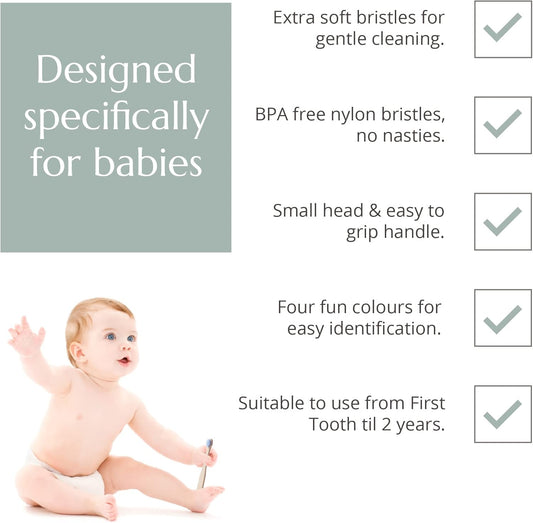 Wild & Stone Organic Baby Bamboo Toothbrushes | 4 Pack | Soft Bristles | 100% Compostable Handle | BPA Free | Vegan Baby Toothbrushes (Multicolour)