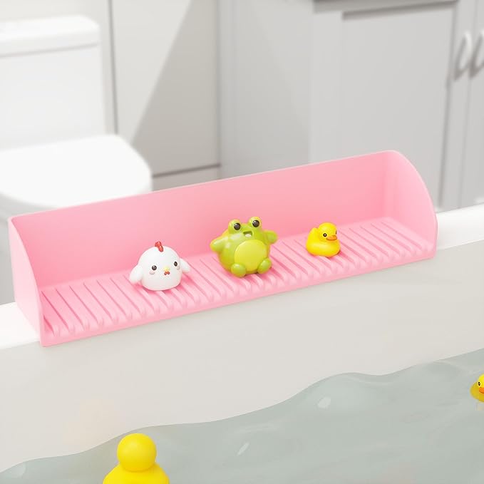 2Pack Bath Tub Splash Guard for Kids - Silicone Tub Water Splash Guard with 4 Suction Cups, Bath Toy Tray Holder, Tub Shelf for Kids, Bathroom Accessories for Children, Toddler & Baby Bath, Pink