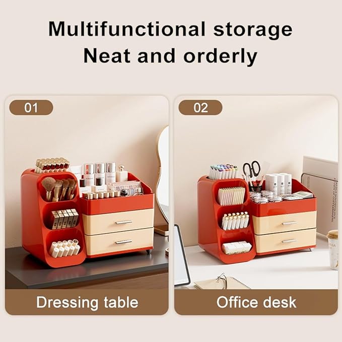 Makeup Organizer with Drawers,Large Capacity Countertop Organizer for Vanity,Bathroom and Bedroom Desk Cosmetics Organizer,Easy To Storage Skincare,Brushes,Lotions,Lipstick (Red and Cream)