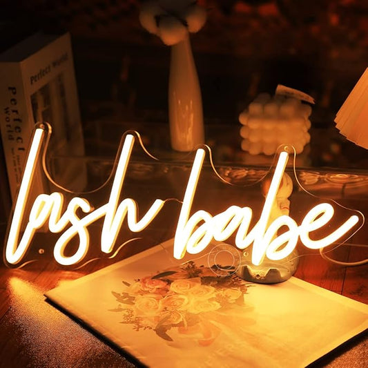 SYLHOME Lash Babe Neon Light Sign Lashes Beauty Salon Gorgeous Lady Girls Bedroom Wall Decor Sign Eyelash for Party Birthday Decoration USB 5V 15.8"X6.5" Warm White