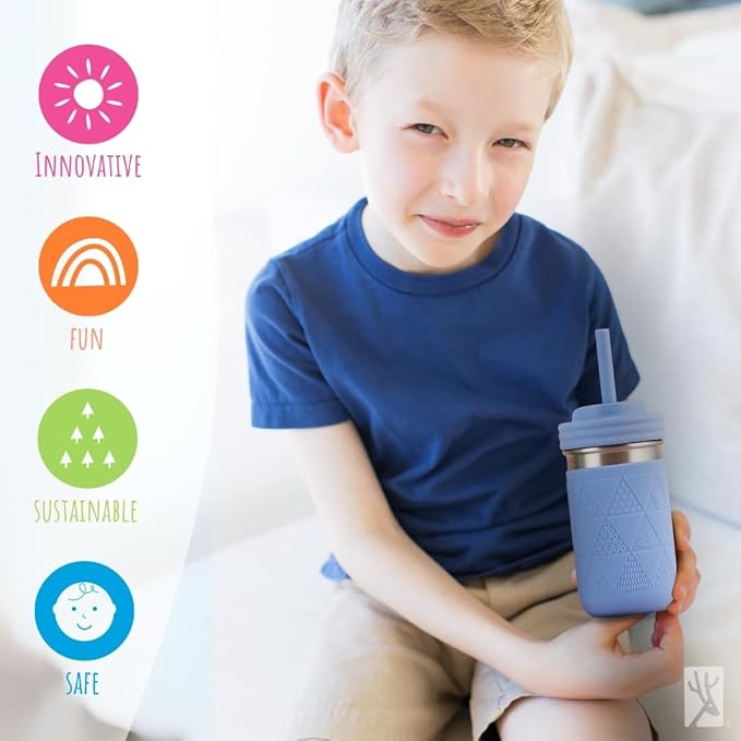 Elk and Friends 14oz Stainless Steel Kids + Toddler Drinking Cups | The Original Mason Jar with Sleeves + Lids | Silicone Straws | Smoothies | Storage Jar | Spill Resistant | Dishwasher Safe | 2 Pack